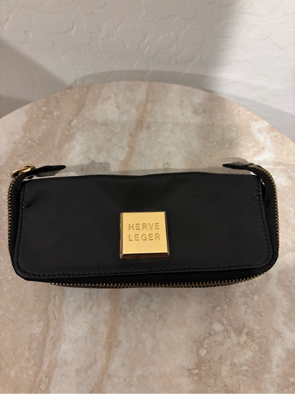 Hervé Léger Black Zip Cosmetic pouch with Gold logo Plate